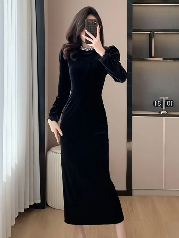 Women Hepburn Luxury Design Slim Bodycon Midi Long Party Night Dresses Vintage Elegant Sheath Black Velvet Prom Robe Autumn