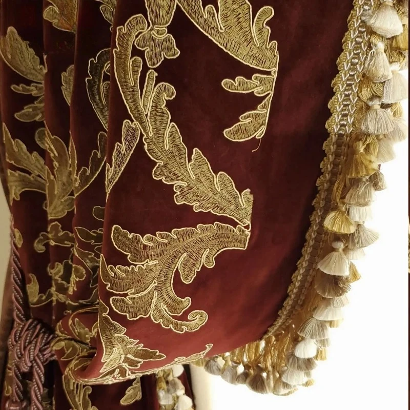 Customized Vintage Wine Red Velvet Embroidery Stitching Thickened Curtains for Living Room Bedroom French Window Villa Finished