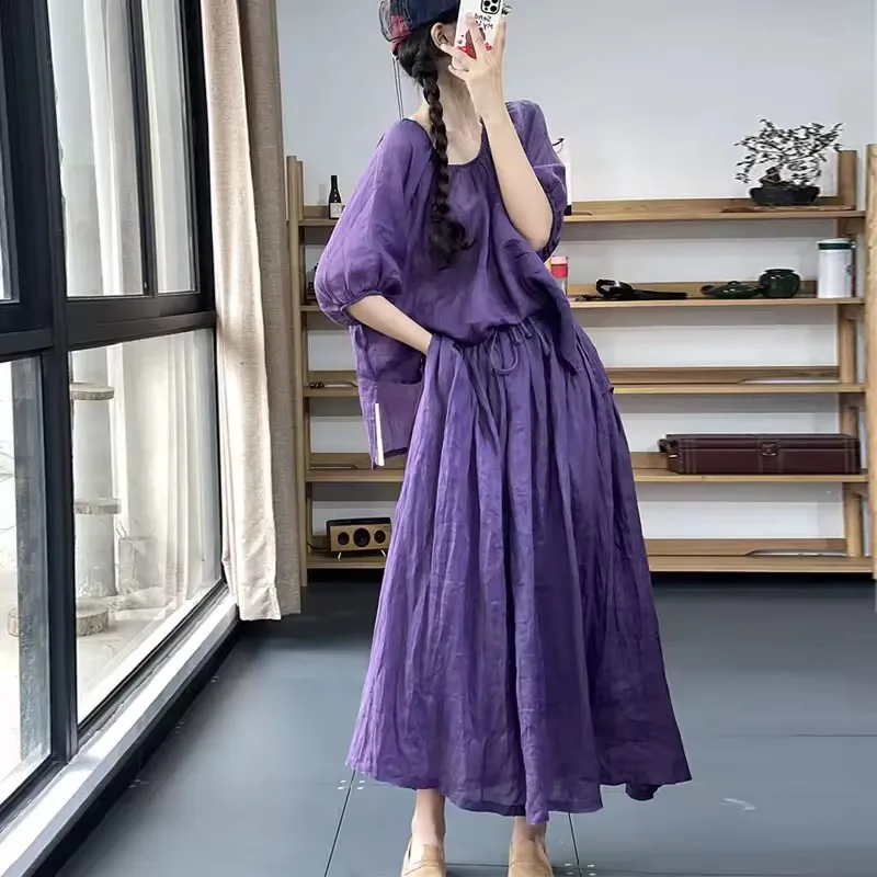 

Oversized Summer 2 Two Piece Set Women Casual Fashion Ladies Blouses Elastic High Waist Ruffle Pleated Woman Long Skirts