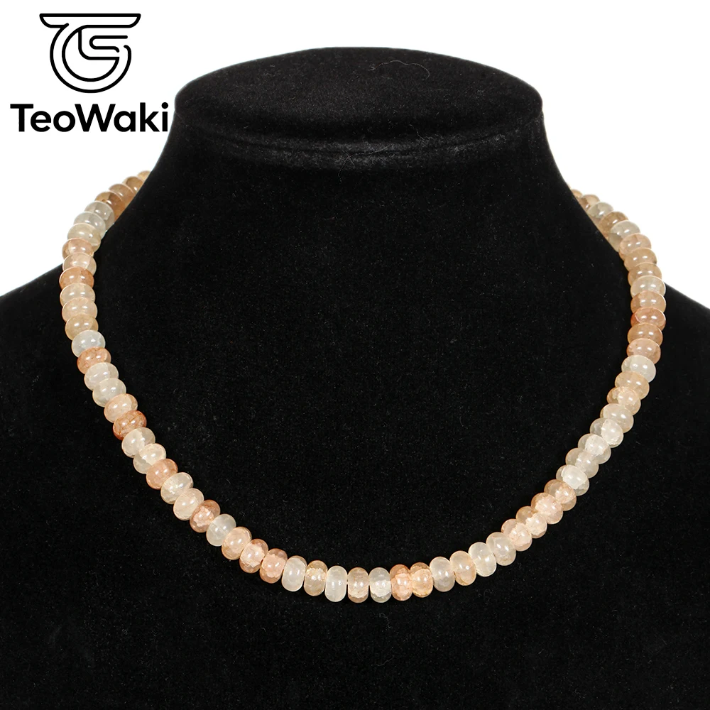 TeoWaki Natural Stone Dainty Apricot-color Crackle Crystal Flat Beads Necklace Steering Wheel Soft Tone Collarbone Accessory40cm
