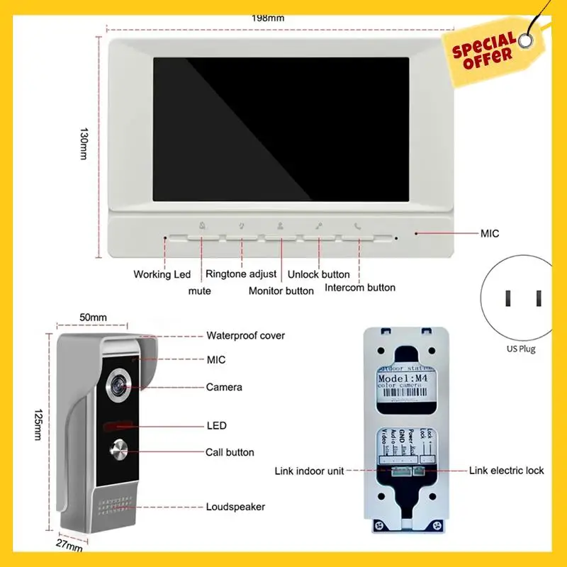 Video Intercom System Video Doorbell System Kits 7 Inches Support Unlock Monitoring For Villa Home US Plug