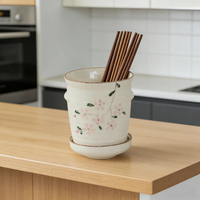 

Японская импортная керамическая подставка для палочек с ручной росписью в виде виноградных цветов, дренажная емкость для хранения, органайзер для вилок и ложек, кухонный органайзер