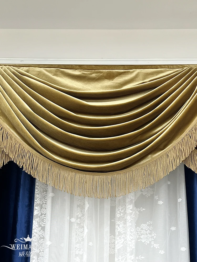 French Luxury Gold Blue Velvet Patched Curtains for Living Room Bedroom French Window Customized Villa Finished Products Valance