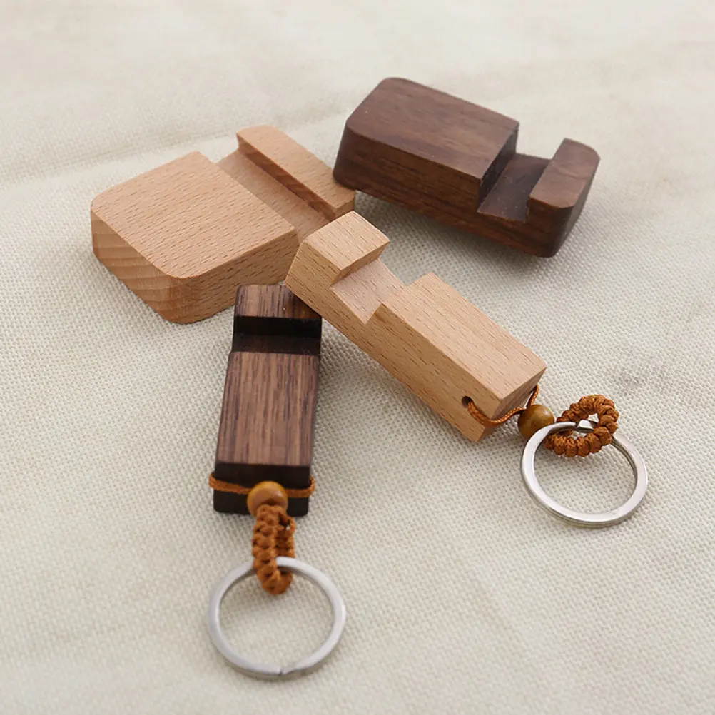 Portable Wooden Mobile Phone Stand Keychain Compact Natural Wood Smartphone Holder Desktop Desk Mount for Video Watching Photo