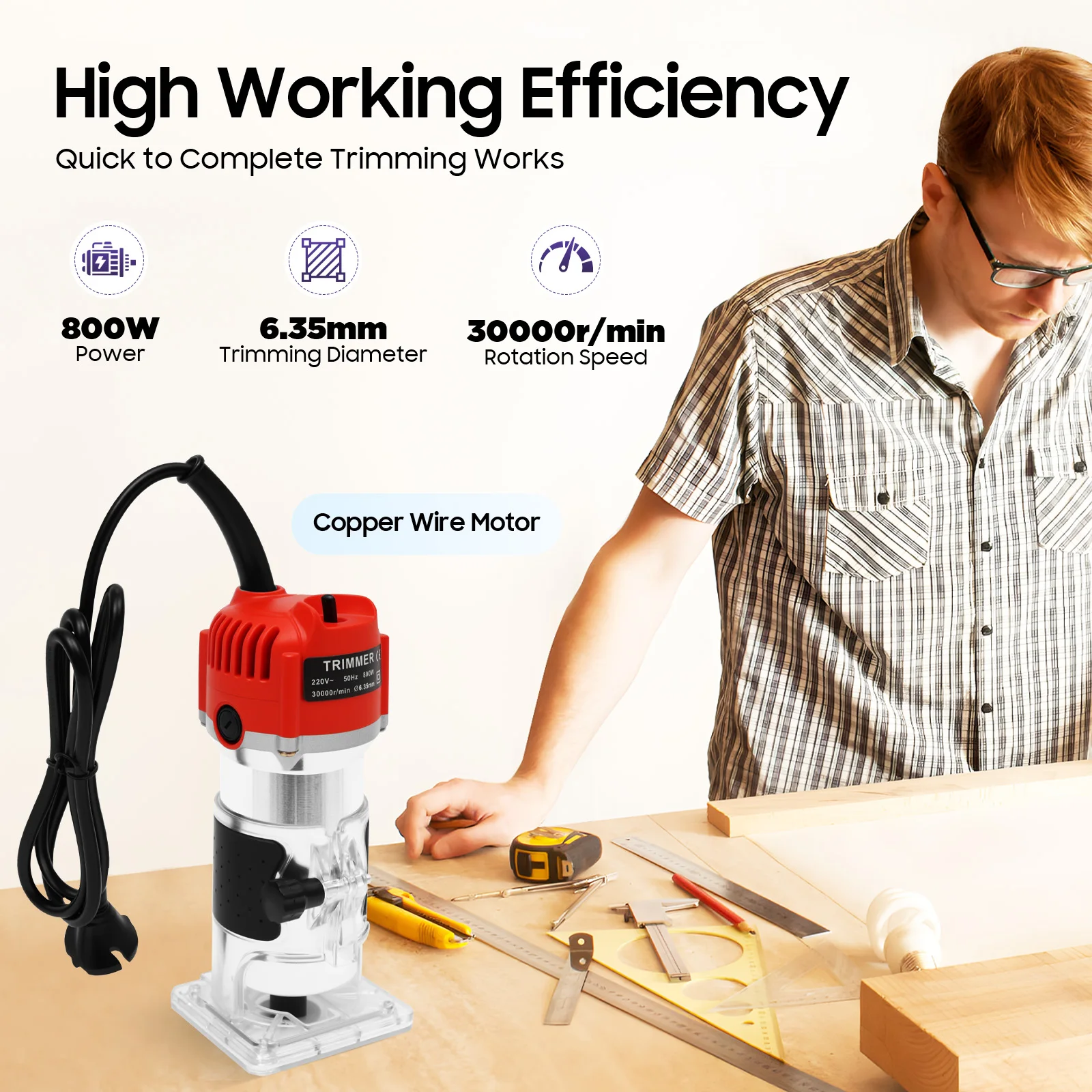 Tondeuse à bois 800W 30000 tr/min, routeur à bois électrique portatif Compact, outil électrique de charpentier pour bricolage, rainurage des bords