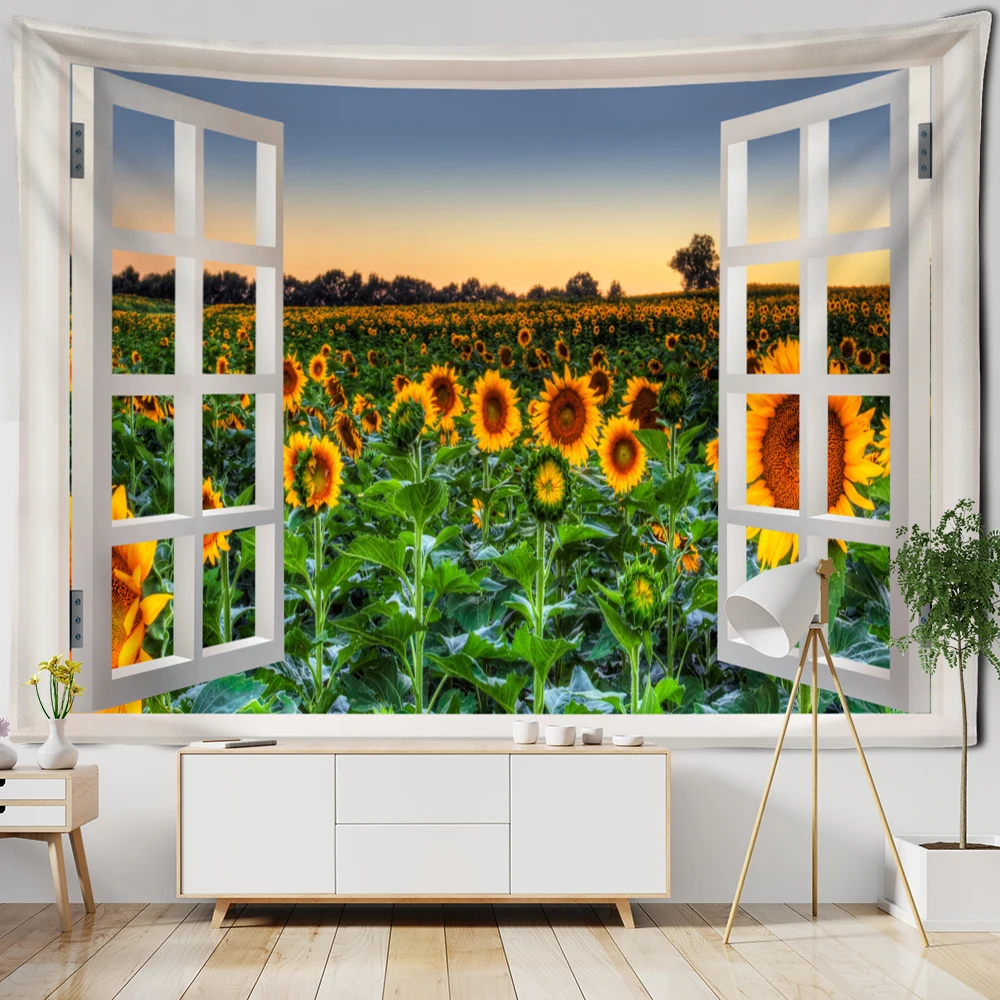 3D Window Scenery Tapestry Wall Hanging Hippie Tapiz Art Boho Natural Simple Bedroom Dorm Home Decor