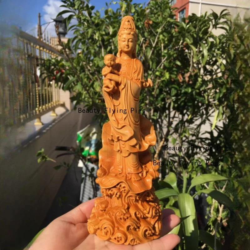 Wooden Statue of Guanyin Sending Children Chinese Style Figure of The Buddha Solid Wood Carving Crafts Home Decoration 20cm