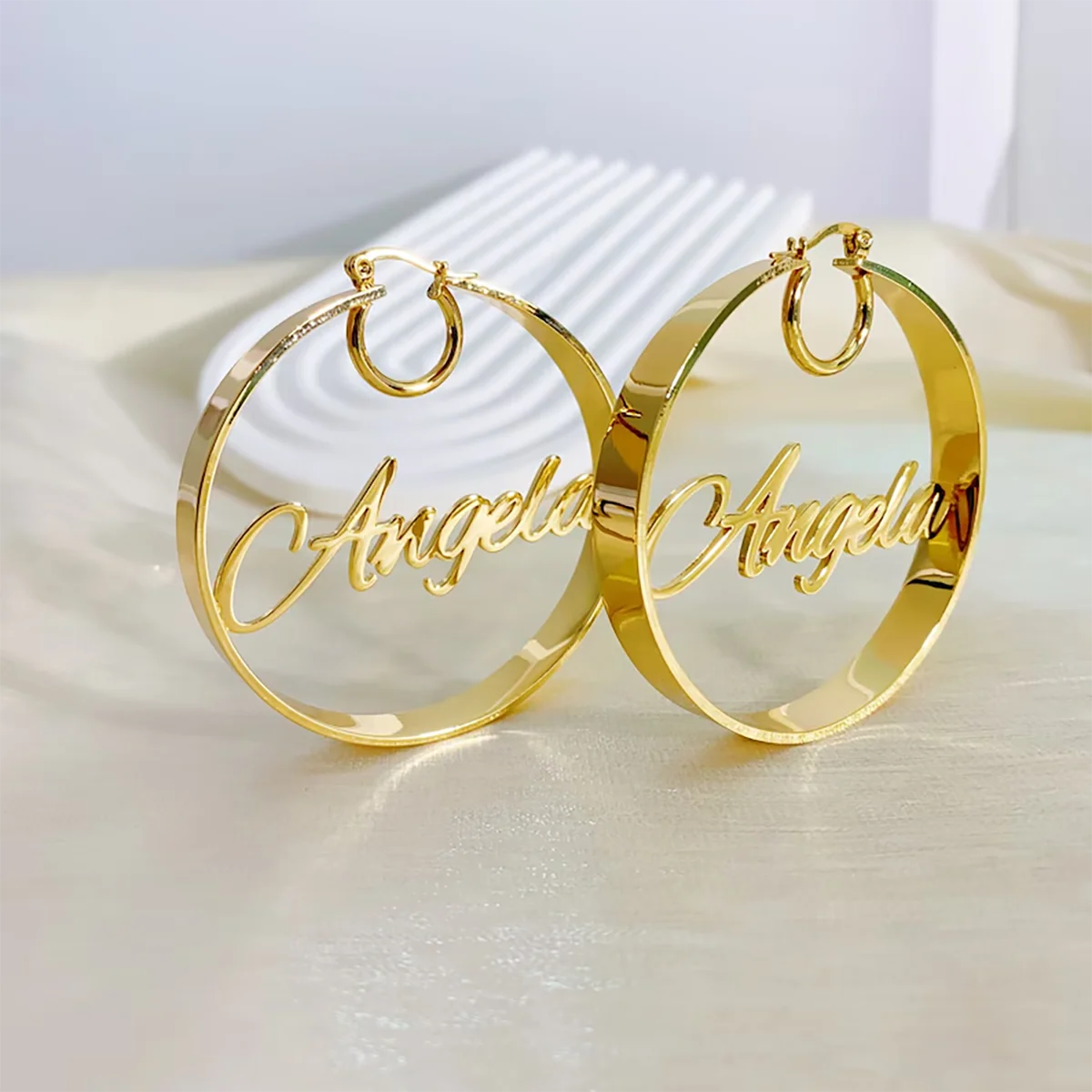 

DHQH Customized Stainless Steel Name Earrings Personalized Letters Thick Round Earrings Large Round Hoops Earrings Gift for Her