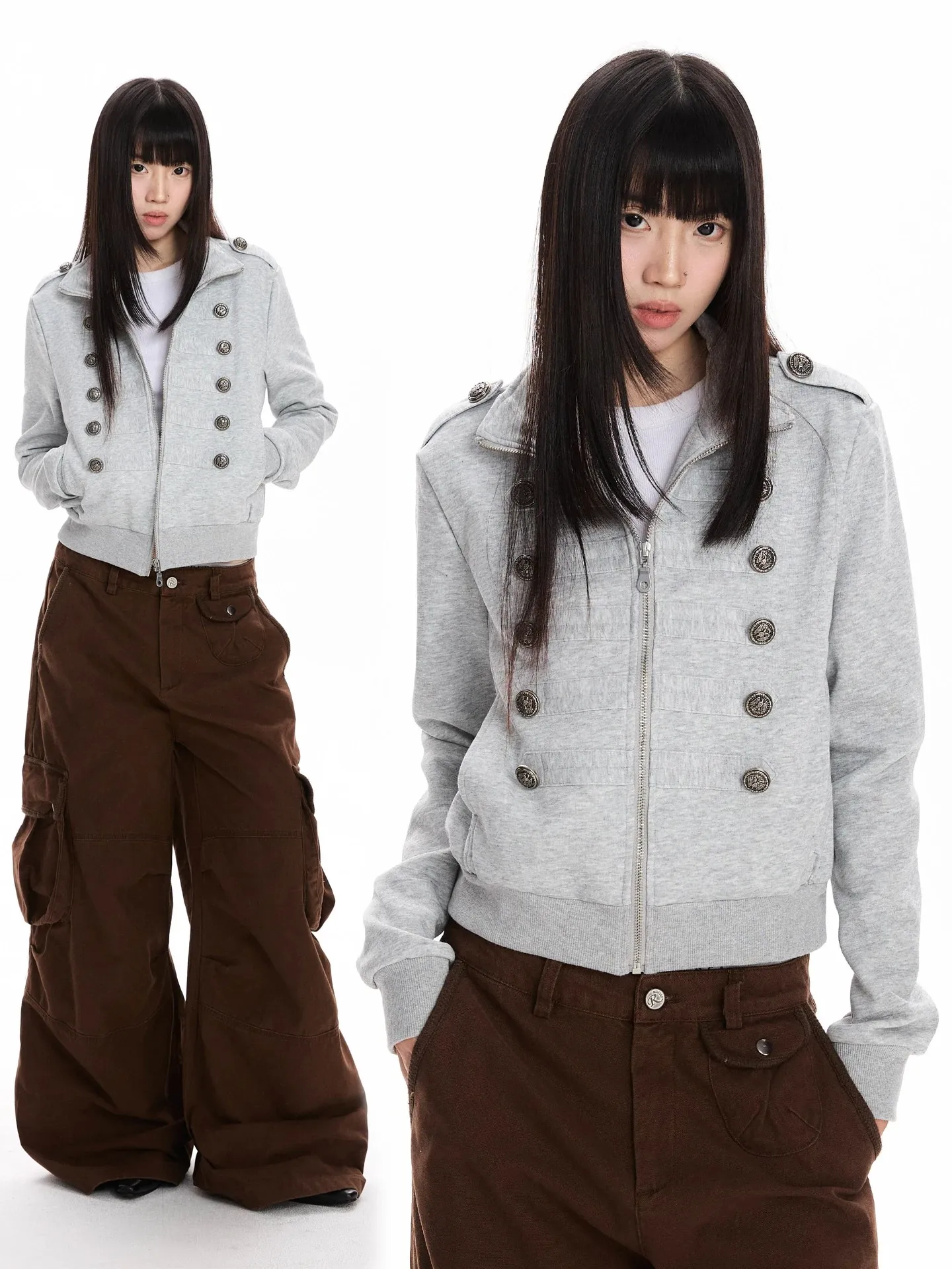 Slim Fit American Napoleon Short Sweatshirt Women's Open Cardigan Design Double Button Stand Collar Jacket Top Casual Style