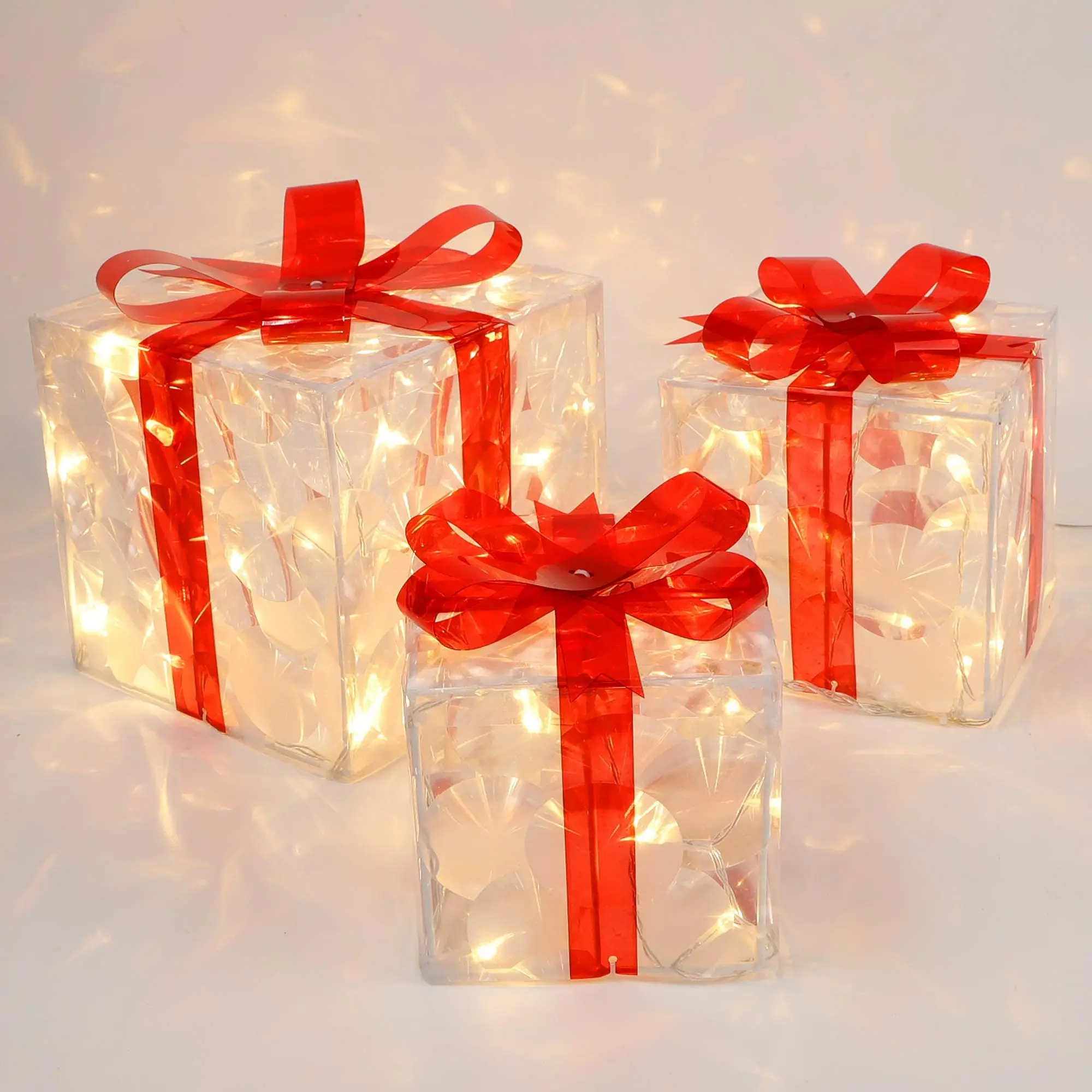 3Pcs/Set PVC Christmas Gift Box Set Luminous Folding Christmas Lighting Box with Bow Ribbon Christmas Glowing Decoration Outdoor