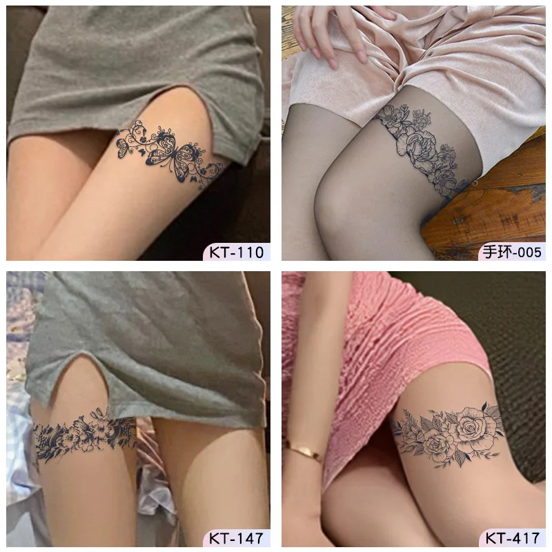 4pc/Set Lace Bow Leg Ring Herbal Tattoo Stickers Waterproof Lasting Female Sexy Thigh Japanese Chain Spice Girl Semi-permanent