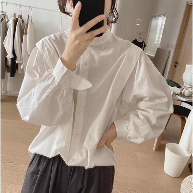 

Женская рубашка с воротником-стойкой, новинка весенне-осеннего сезона, свободный крой, корейский стиль, хлопковый топ с длинными рукавами