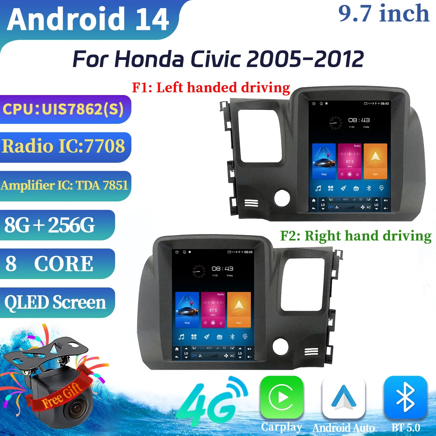 9.7inch For European Left Rudder Honda Civic 2005-2012 Car Radio Android Multimedia Navigation CarPlay 4G GPS Screen Stereo