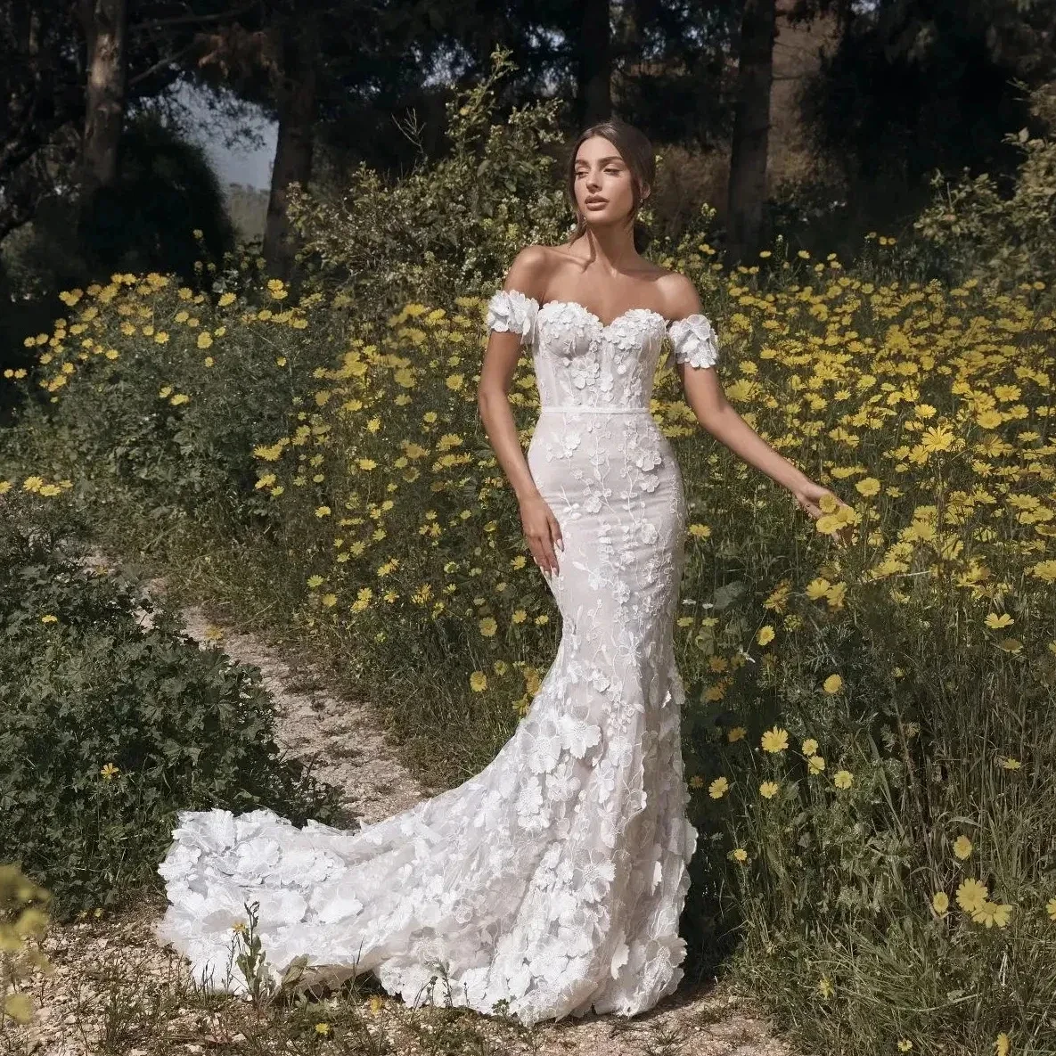 Fabulous Flowers Lace Mermaid Wedding Dress Off The Shoulder Long Elegant Bohemian Country Bridal Gowns Court Train Open Back