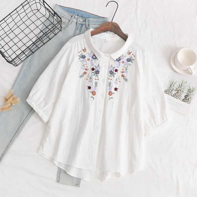 

Новая японская мода, женские этнические вышитые свободные рубашки с короткими рукавами и отложным воротником, женская одежда, топы