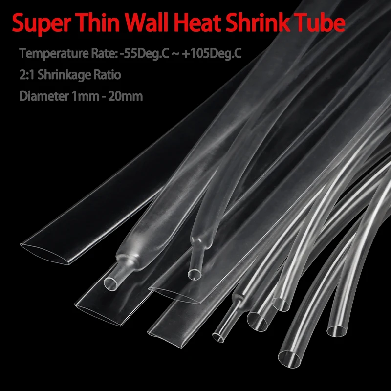 2m-10m Transparent 1mm ~ 20mm Super Thin Wall Soft Shrinkable Tube 2:1 Heat Shrink Tube Earphone Line Audio Cable Sleeve Wrap