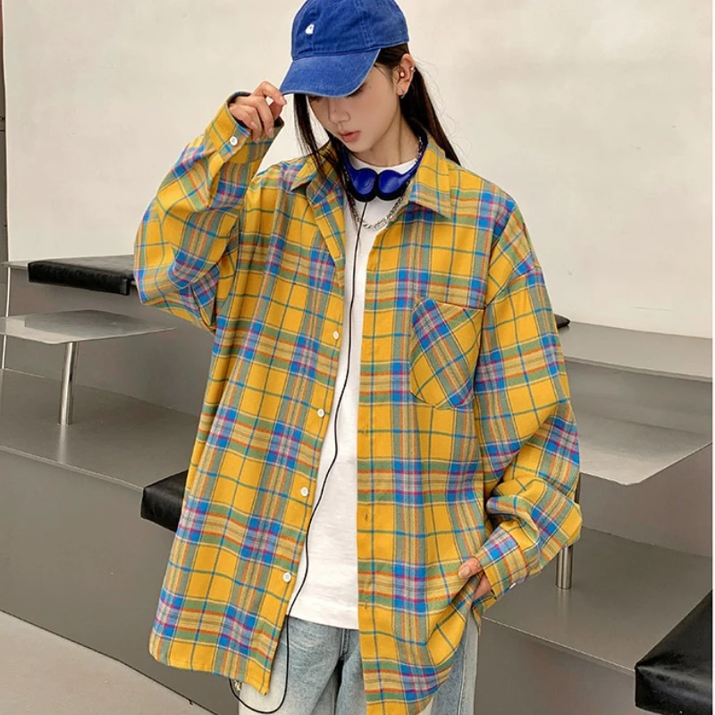 

Autumn Winter Yellow Oversized Plaid Shirt Women Vintage Long Sleeve Fashion Loose Fit Lapel Pocket Shirt New Blouse Tops Korean