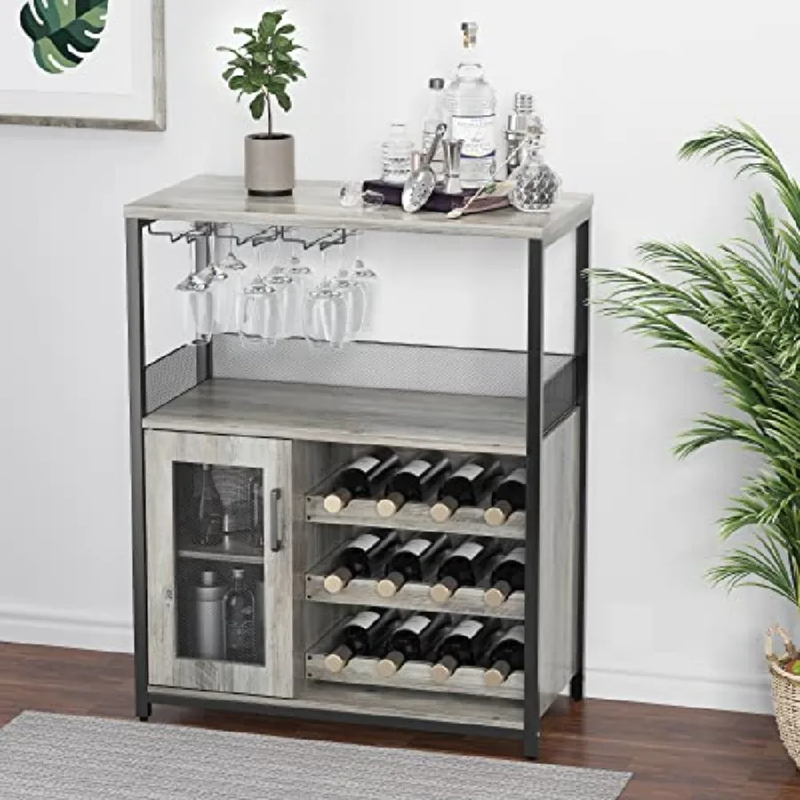 Wine Bar Cabinet with Adjustable Shelves and LED Lights, Gray
