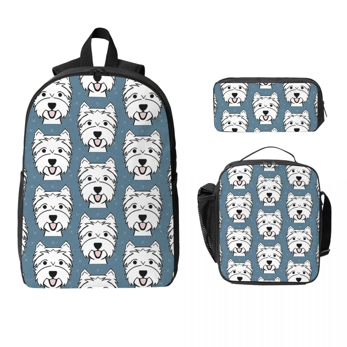 

West Highland Terrier Westie Dogs Backpack Student Boy Girl BookBag School Bag Shoulder Bags 3ps Insulated Lunch Bag Pencil Case