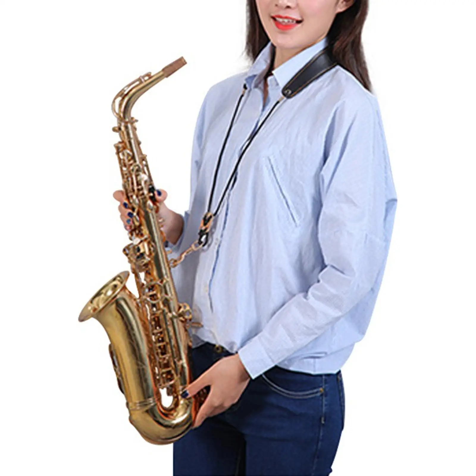 Adjustable Soft Leather Sax Neck Strap Padded Harness for Alto Tenor Soprano and Bass Clarinet Players