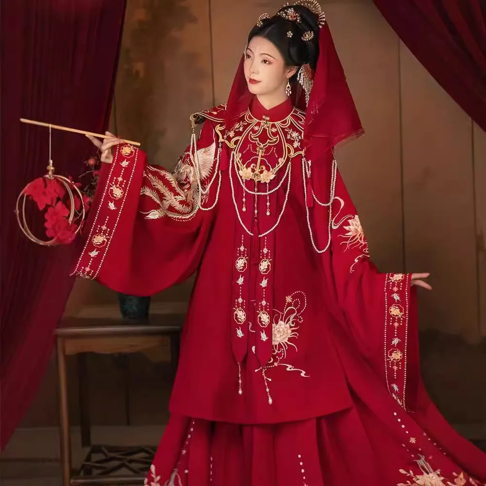 

Huagongming Hanfu Wedding Clothes Stand-up Collar Slanting Waist-Length Cloud Shoulder Machine Embroidery Bright Red Suit