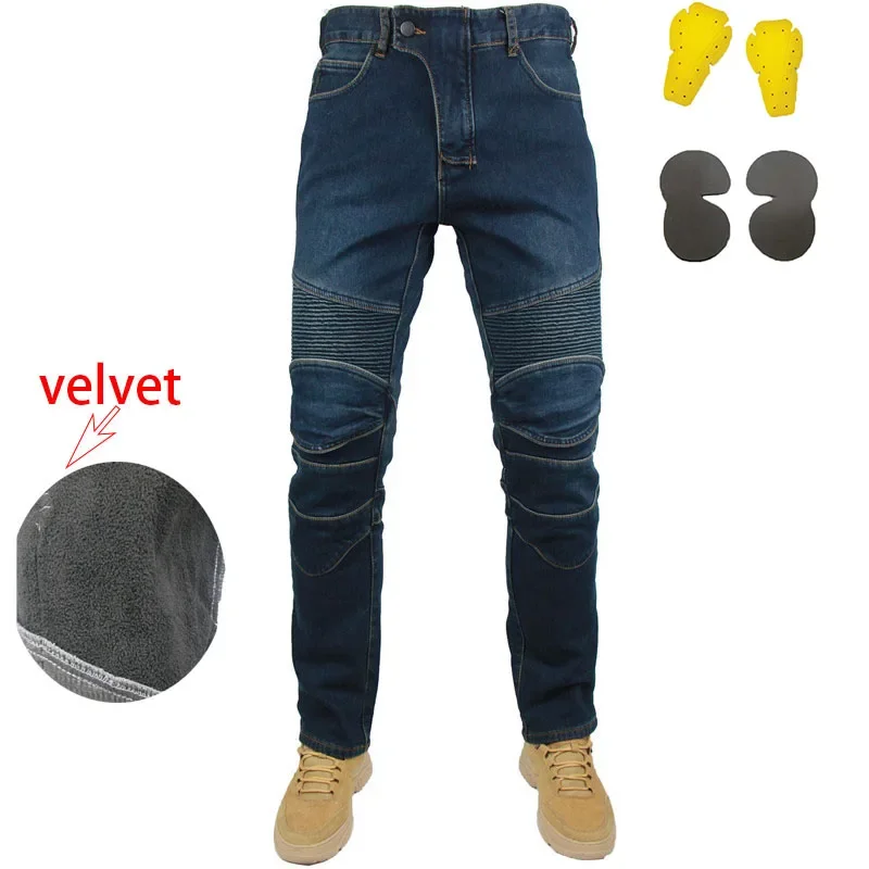 Motorcycle Winter Riding Velvet Jeans Snowmobile Riding Wind And Cold Lamb Velvet Drop-resistant Pants With Protective Gears