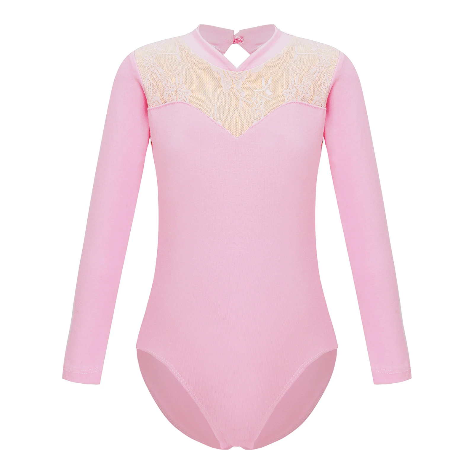 Child Girls Ballet Bodysuit Chinese Folk Dance Leotards Breathable Long Sleeve Hollow Lace Back Dance Training Clothes Dancewear