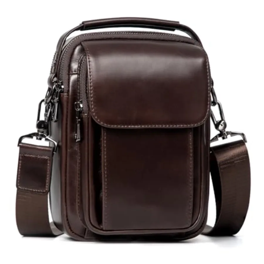 

Men's crossbody messenger bag for travel and daily use, genuine leather, brown, magnetic buckle closure and compact design