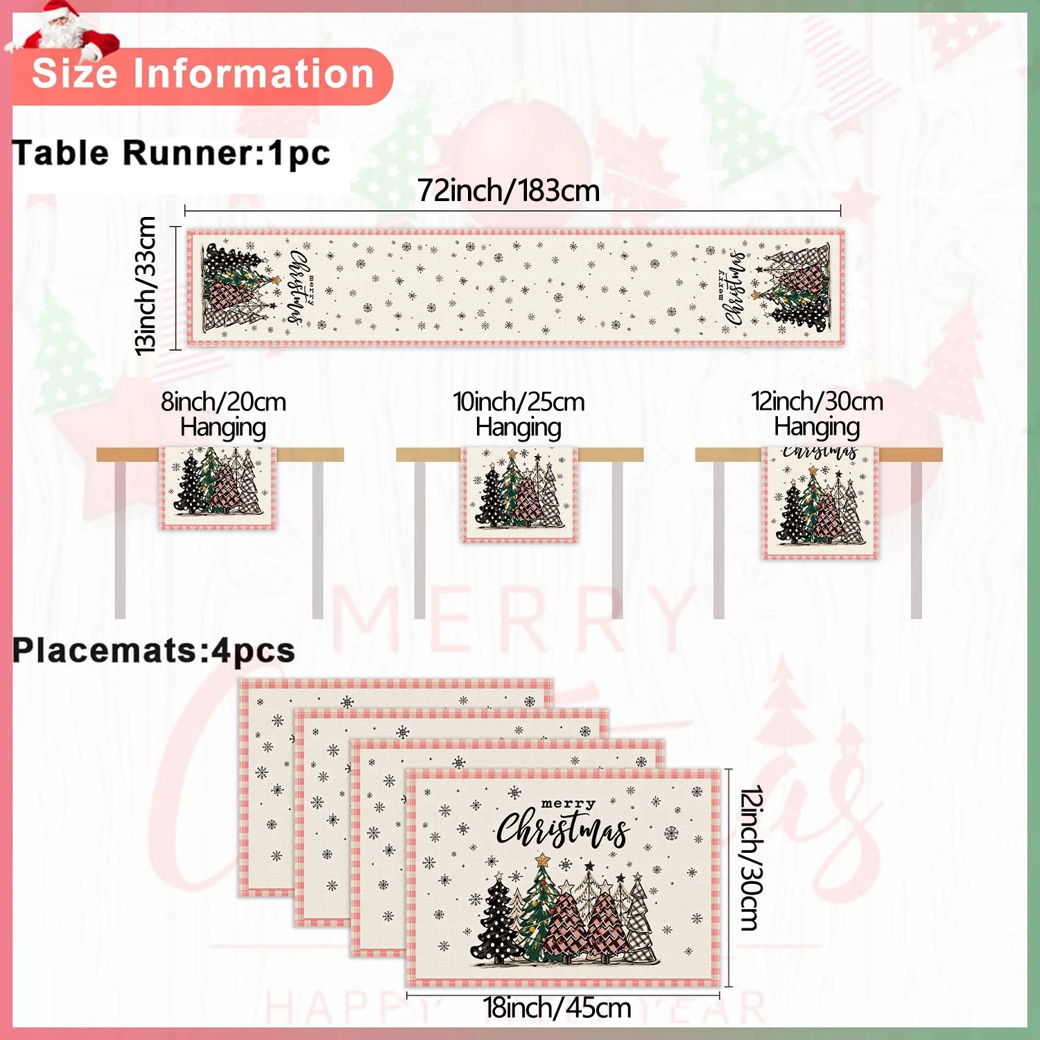 4/5/7Pcs Christmas Table Runner & Placemats Set, Xmas Tree Snowflake Plaid Border Print, Heat Resistant Festive Table Decor