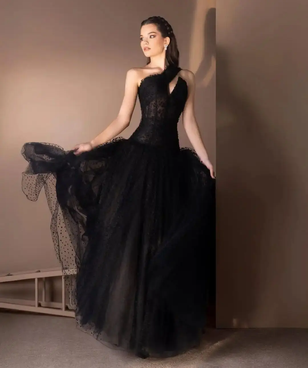 

Ofherown Customized Black One-Shoulder Lace Tulle Evening Dress A-Line Ball Gowns Formal Prom Dresses for Party Prom Gala
