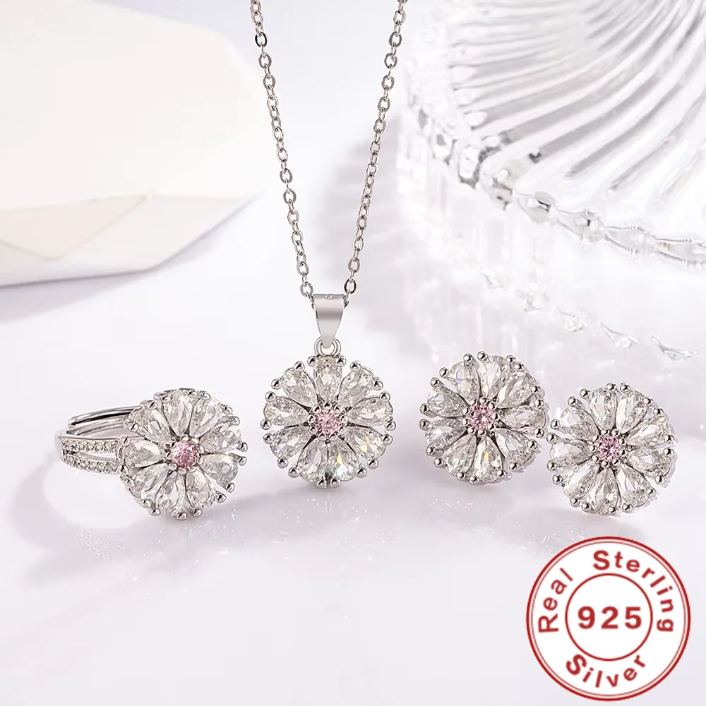 925 Sterling Silver Sun Pollen Dot White Zircon Necklace Ring Earrings Set Birthday Party Anniversary Gift