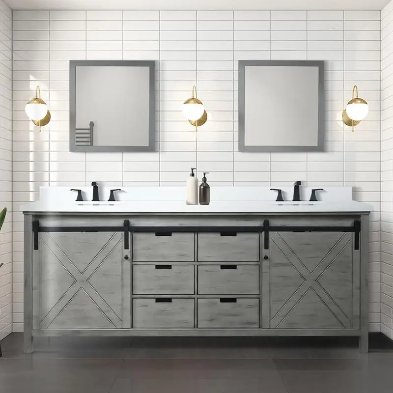 84 in. W Double Bath Vanity with Ash Grey Finish, 22 in. D, White Quartz Countertop & Faucet Set