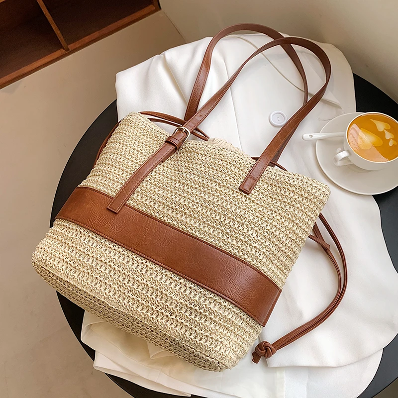 Summer Straw Bag For Women Woven Handmade Handbag Large Capacity Lady Tote Vacation Beach Bag Rattan Shoulder Bag splicing Totes