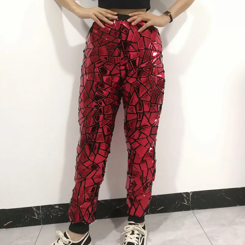 

Women Red Laser Soft Mirror Pants Costume Hip Hop Jazz Dance Team Sequin Trousers Bar Nightclub Carnival Party Festival Clothing