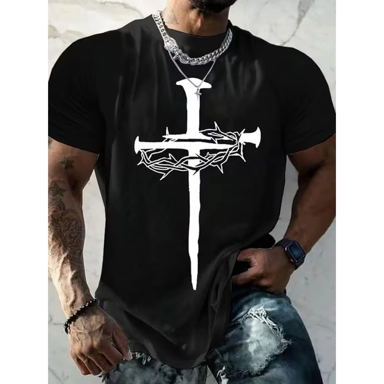 Plus Size Mens Cross Nail Thorns Christian Cotton T Shirt Pure Cotton Oversize Breathable And Comfortable For Trendy And Fashionable Christian Baptismal Attire Graphic Tee Perfect Gift Big Tall Local Warehouse Plus Size