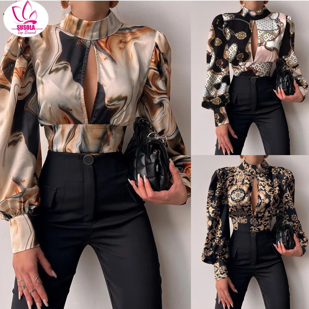 Women Sexy Backless Hollow Print Shirts Trend Party Crop Top Lady Spring Casual Stand Long Sleeve Office Lady Blouses And Top