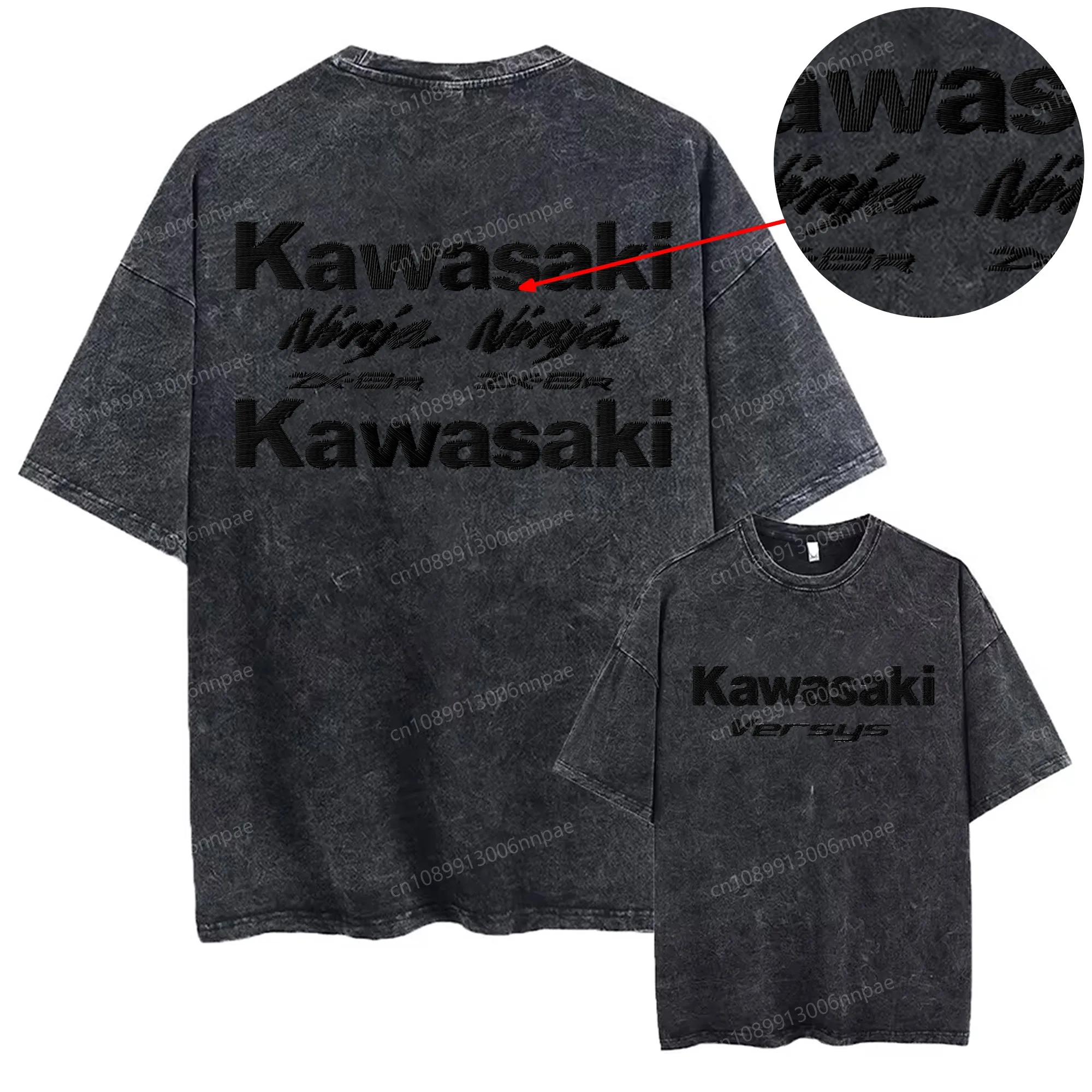 

Distressed T-shirt Embroidery Kawasaki Men's Short Sleeve Tee Man Summer Tops Texture T-shirts 3D Printing Clothing 230g Cotton