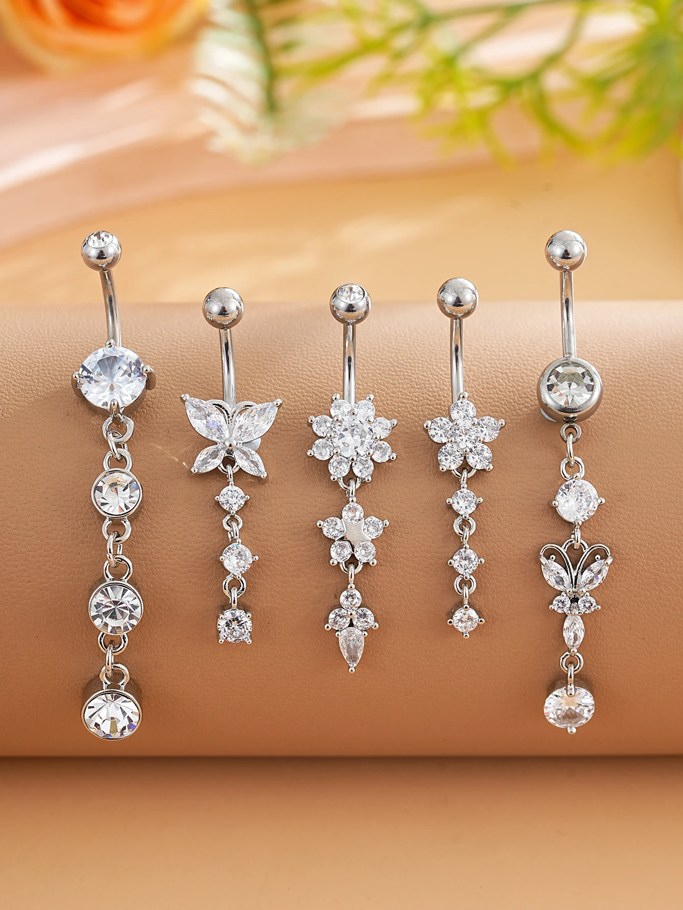 3-8 Stück/Set Gemischte Bauchnabelpiercing-Sets Lange Hängende Gebogene Bauchnabelringe Nombril Ombligo Damen 14G Schmetterling Bauchnabelpiercings