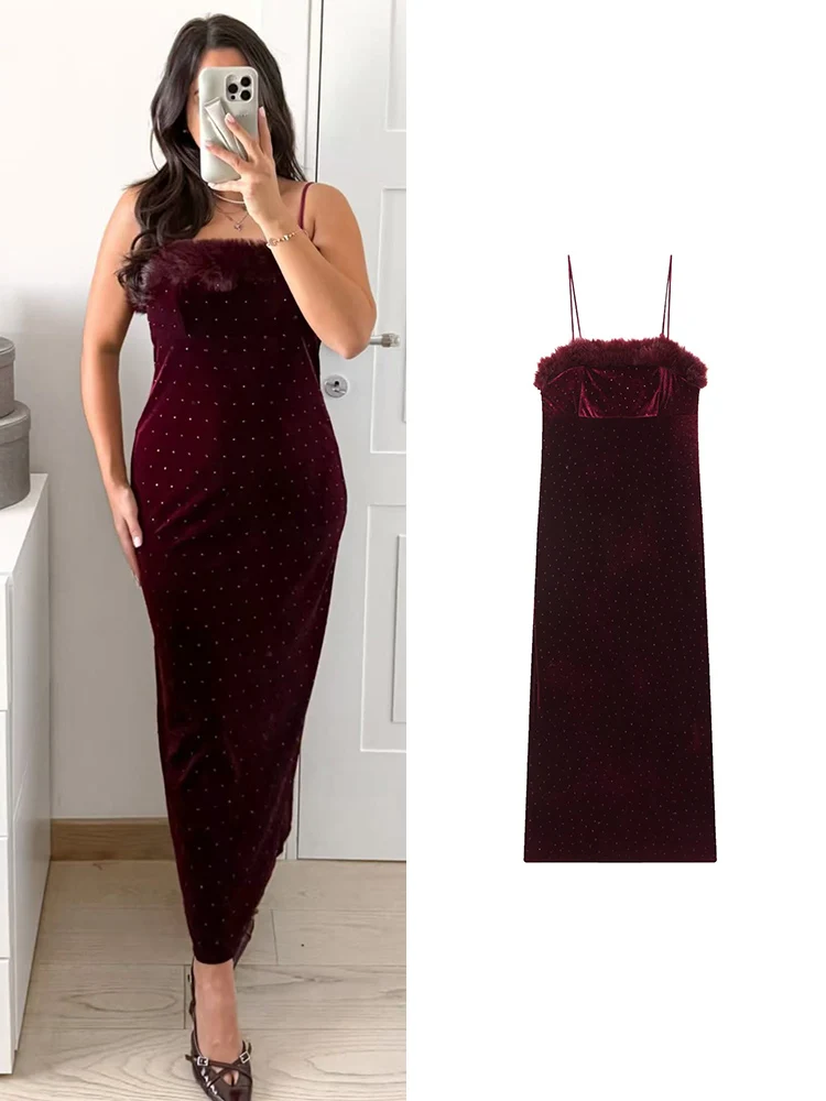 TFMLN-vestido ceñido al cuerpo para mujer, vestido Sexy ajustado con decoración de cuentas, vestido largo de terciopelo con tirantes, vestido elegante de fiesta empalmado con tirantes finos