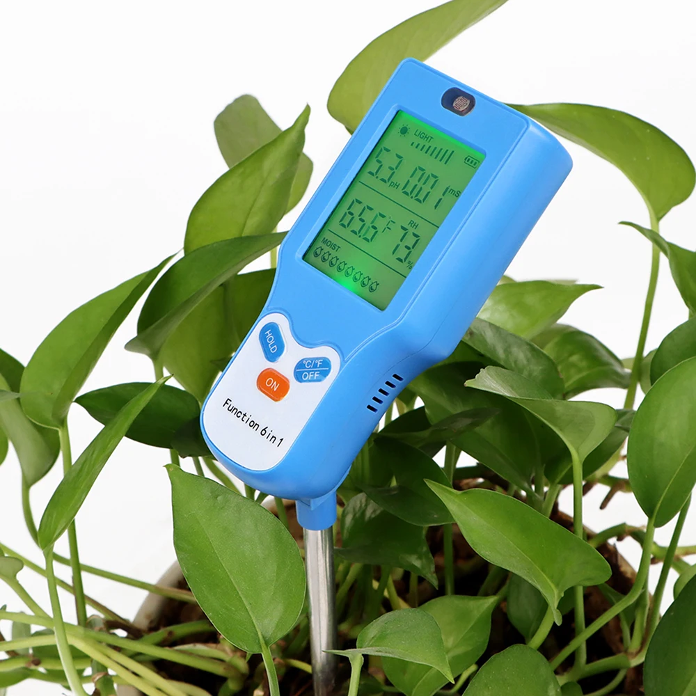 6 in 1 Soil Detector LCD Screen Display Light Intensity/Humidity Temperature/Ph Value/Fertility Value/Ambient Humidity Detection