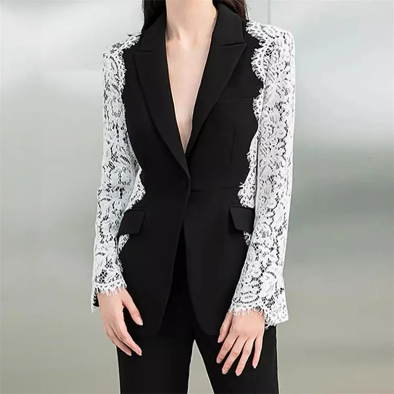 Blazer donna trend 2024 autunno nuovo in cappotti moda pizzo cuciture giacca da donna di alta qualità a maniche lunghe top y2k giacca da abito