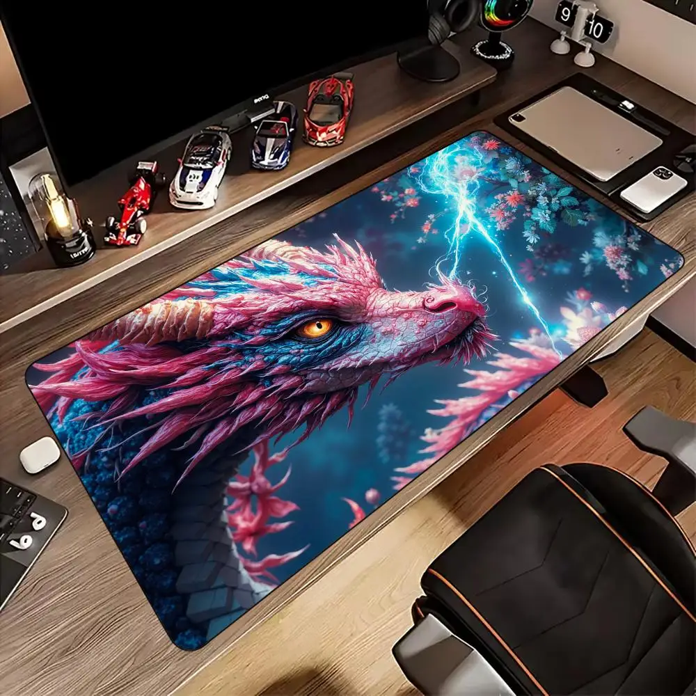 Fantasy Thunder Dragon Large Gaming Mouse Pad Pink Blue Lightning Dragon Art Non‑Slip Rubber Extended Desk Mat for PC Laptop