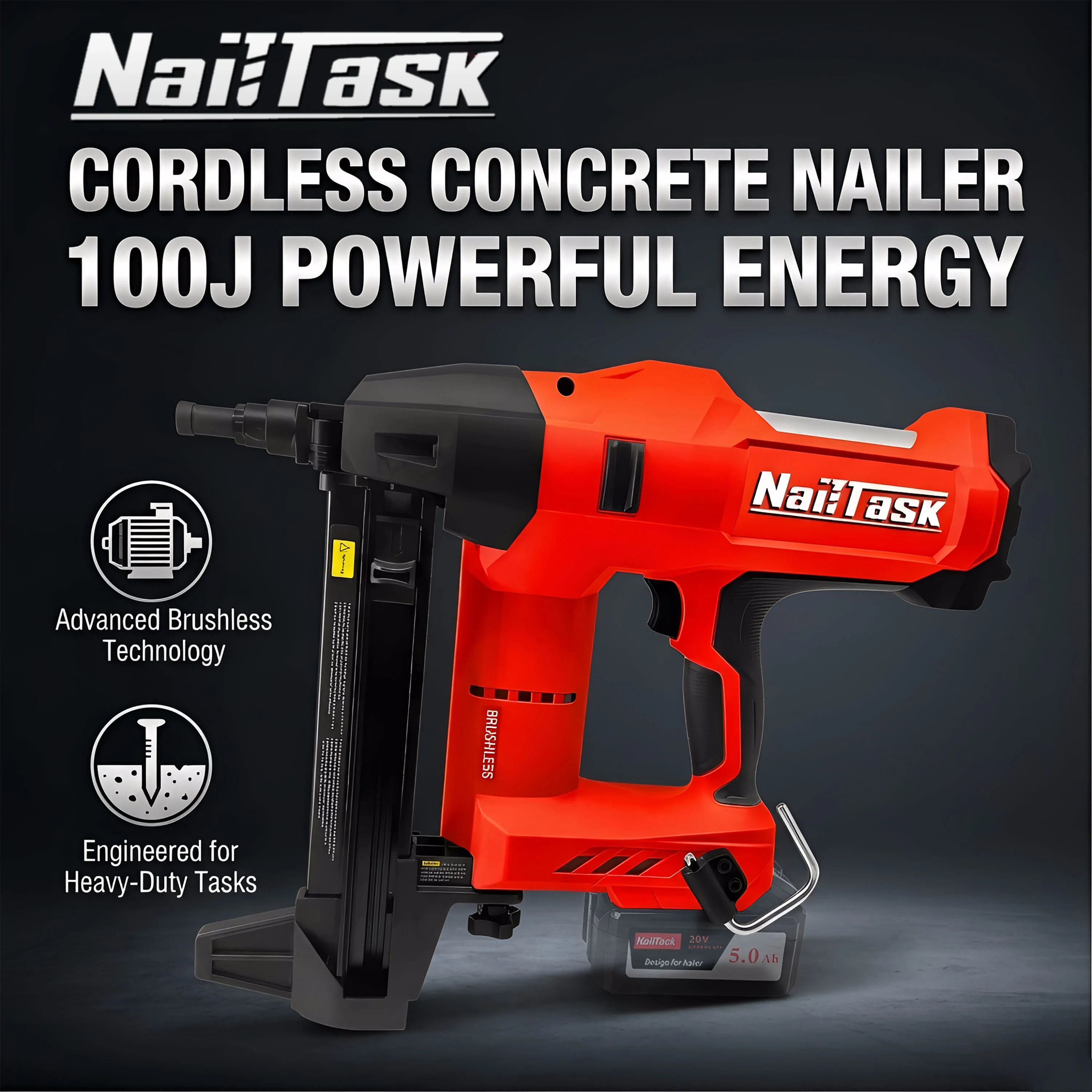 NailTask 16-40mm Brushless Concrete Nailer with 5 Nozzles, Fits Makita 18V Battery, Cordless Steel Nailer (No Battery)