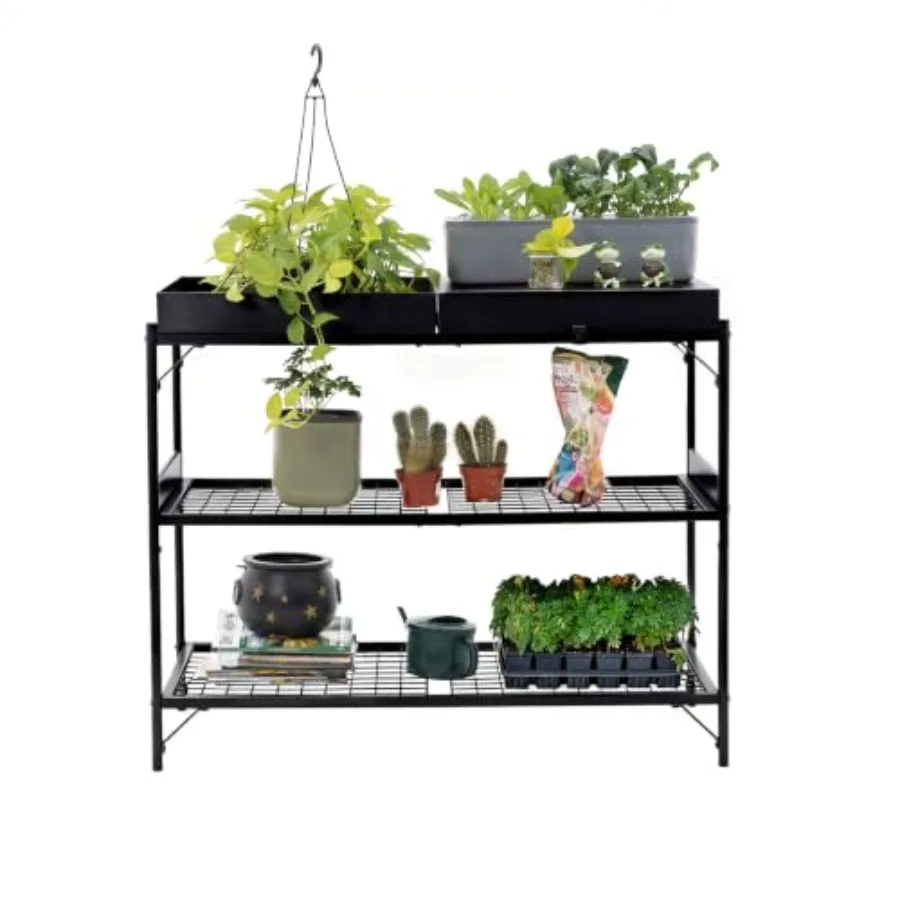 Potting Table, Metal Gardening Table Work Bench with Wheels and Two Removable Trays, Potting Workstation for Outdoor Plants, Ma