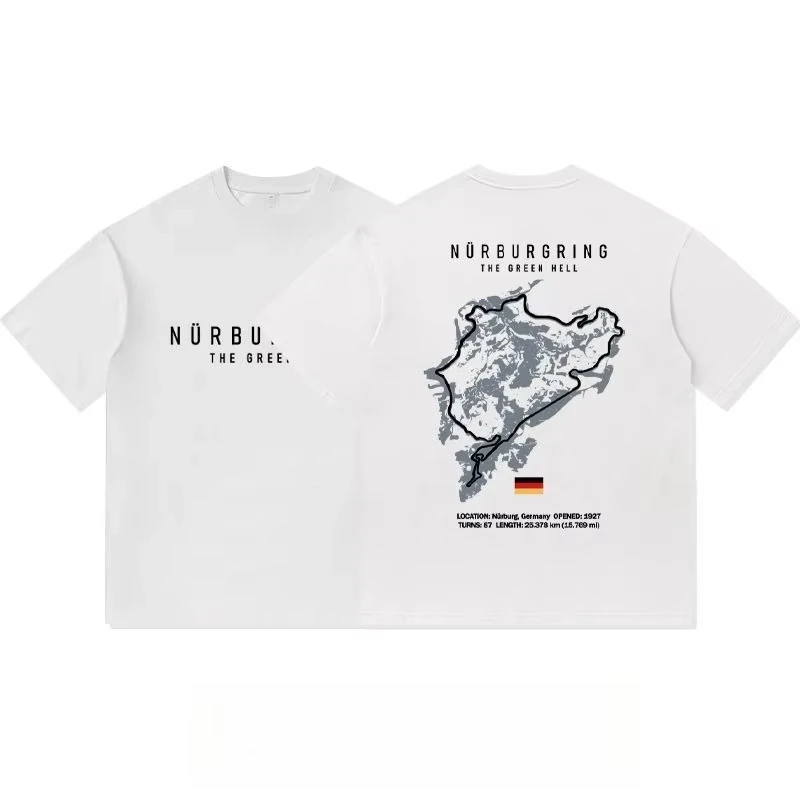 Nürburgring Track Print Modified Culture Short-sleeved T-shirt Men's Loose Casual Pure Cotton Clothes Car Enthusiasts Daily Wear