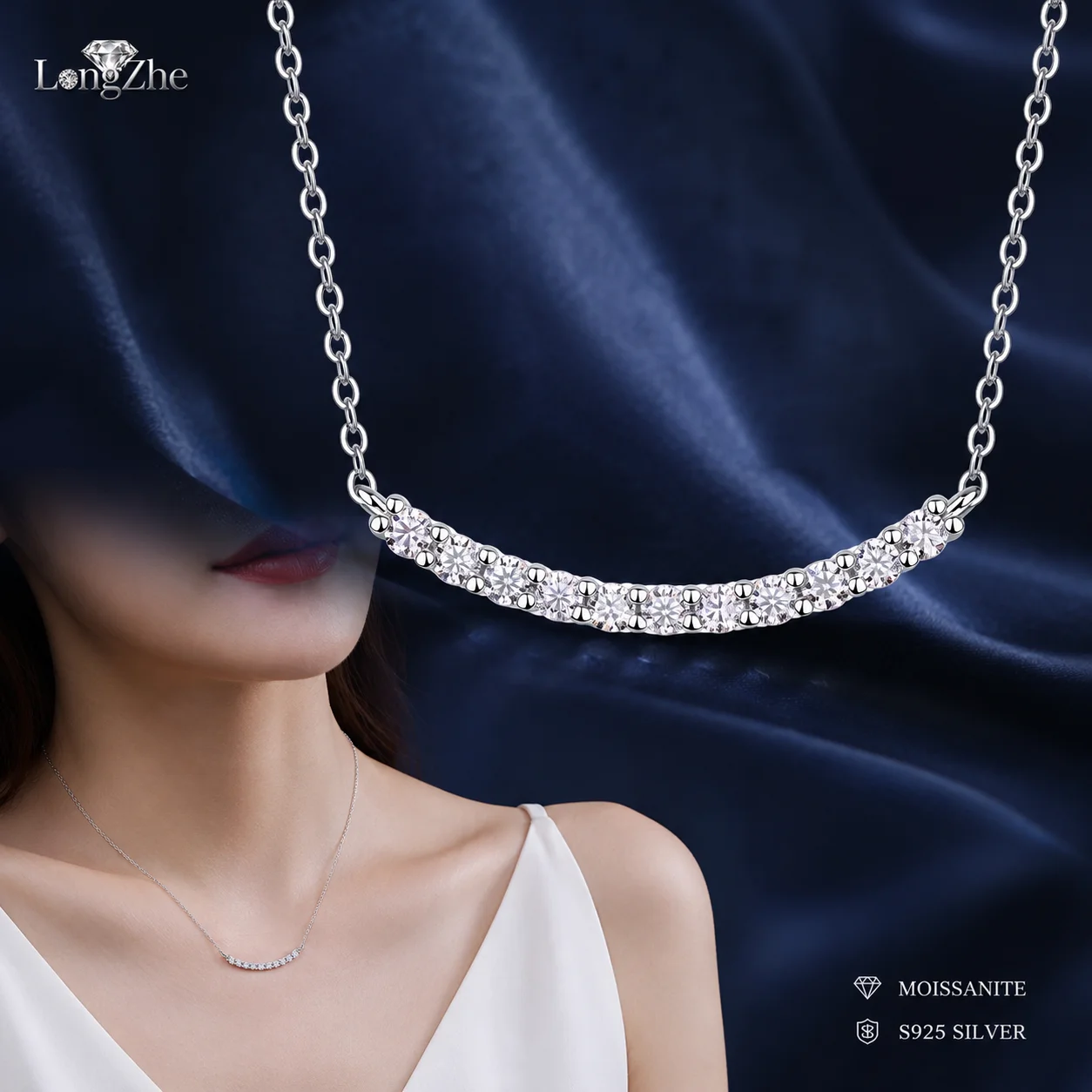 LongZhe Moissanite Necklace Silver Necklace for Women 925 Sterling Silver Smile Pendant 0.7CT GRA Certified Fine Jewelry