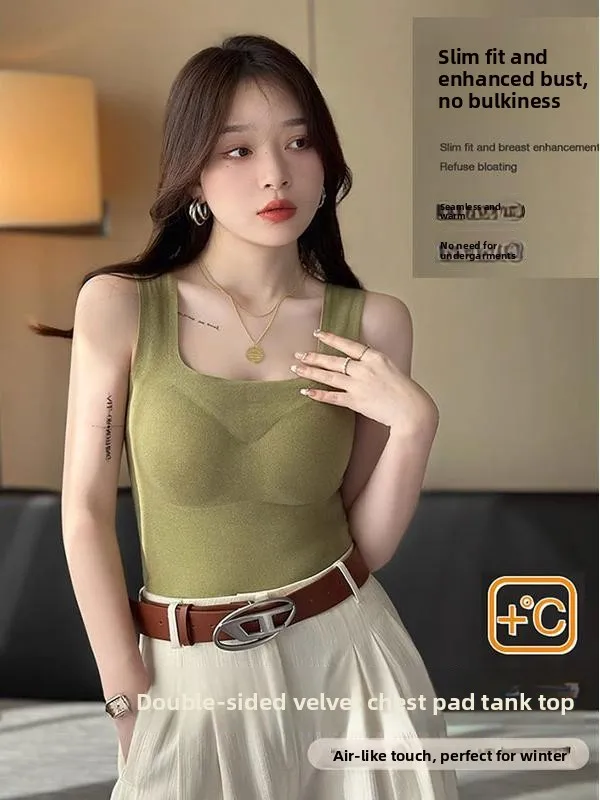 Thickened Fleece Warmth Underwear Tank Top Women's Autumn Winter Integrated Fleece Strap Vest Inner Wear Bra Pad Beautiful Back