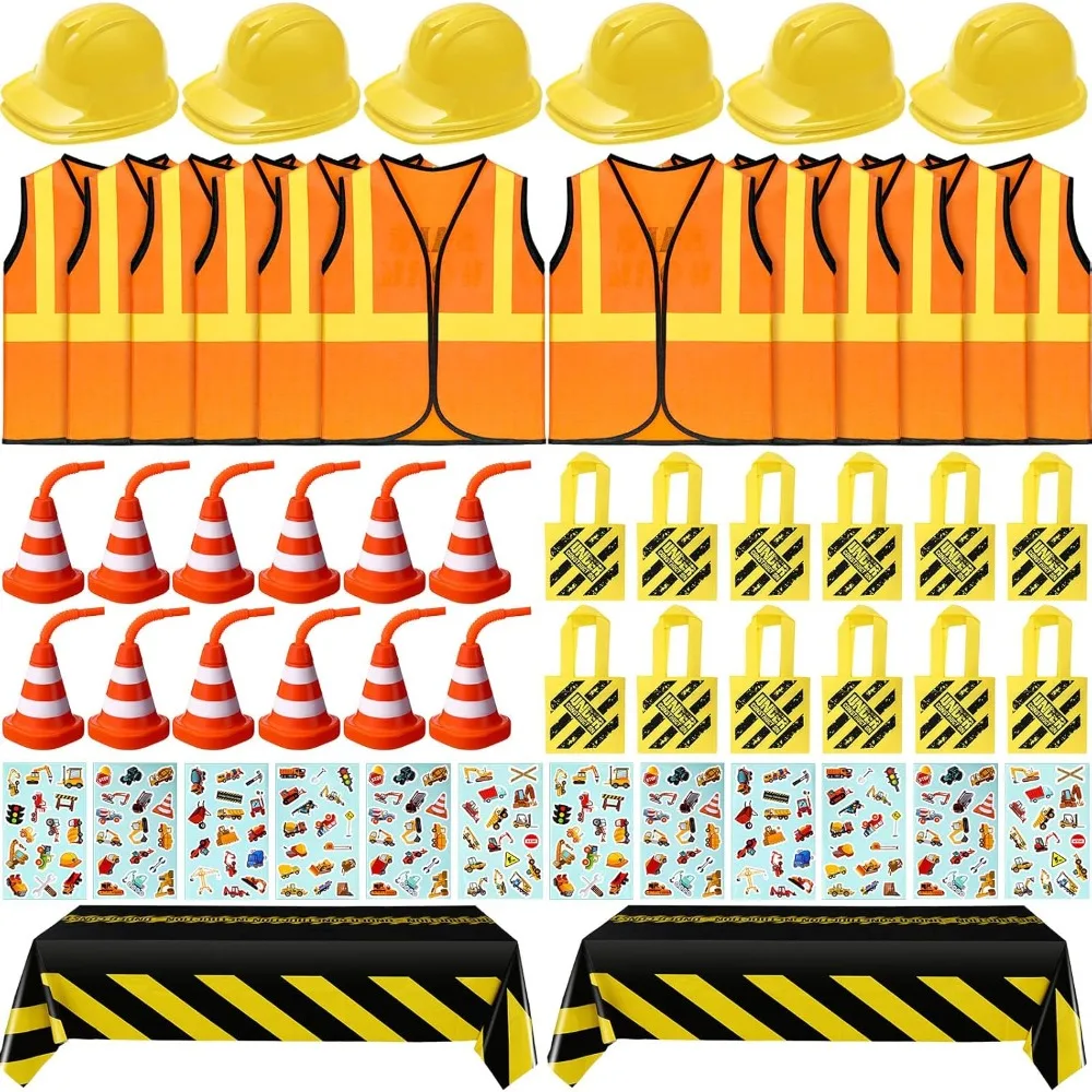 

62 Pcs Construction Birthday Party Supplies Set Kids Construction Dress up Set Including Vest