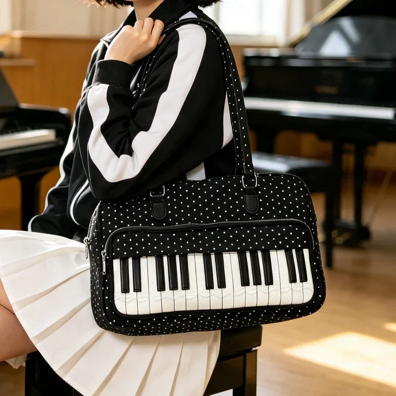 Polka Dot Piano Key Pattern Shoulder Bag Nylon Women Handbag Trend Unique Design Underarm Bag Casual Commuter Daily Tote Handbag