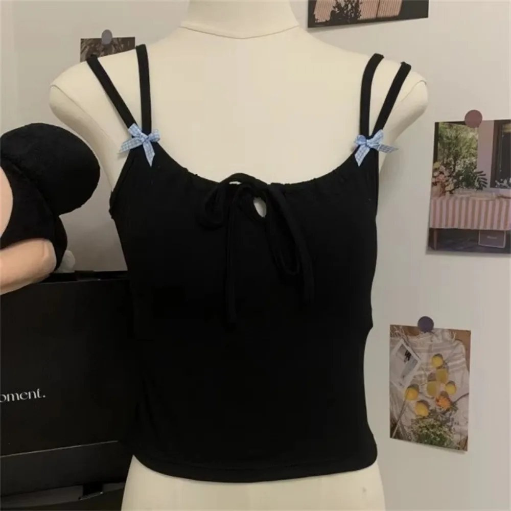 قميص قصير نسائي صيفي أنيق بدون أكمام مع وسادة صدر تانك القمم السباغيتي حزام القوس المحاصيل القمم كاميس سليم